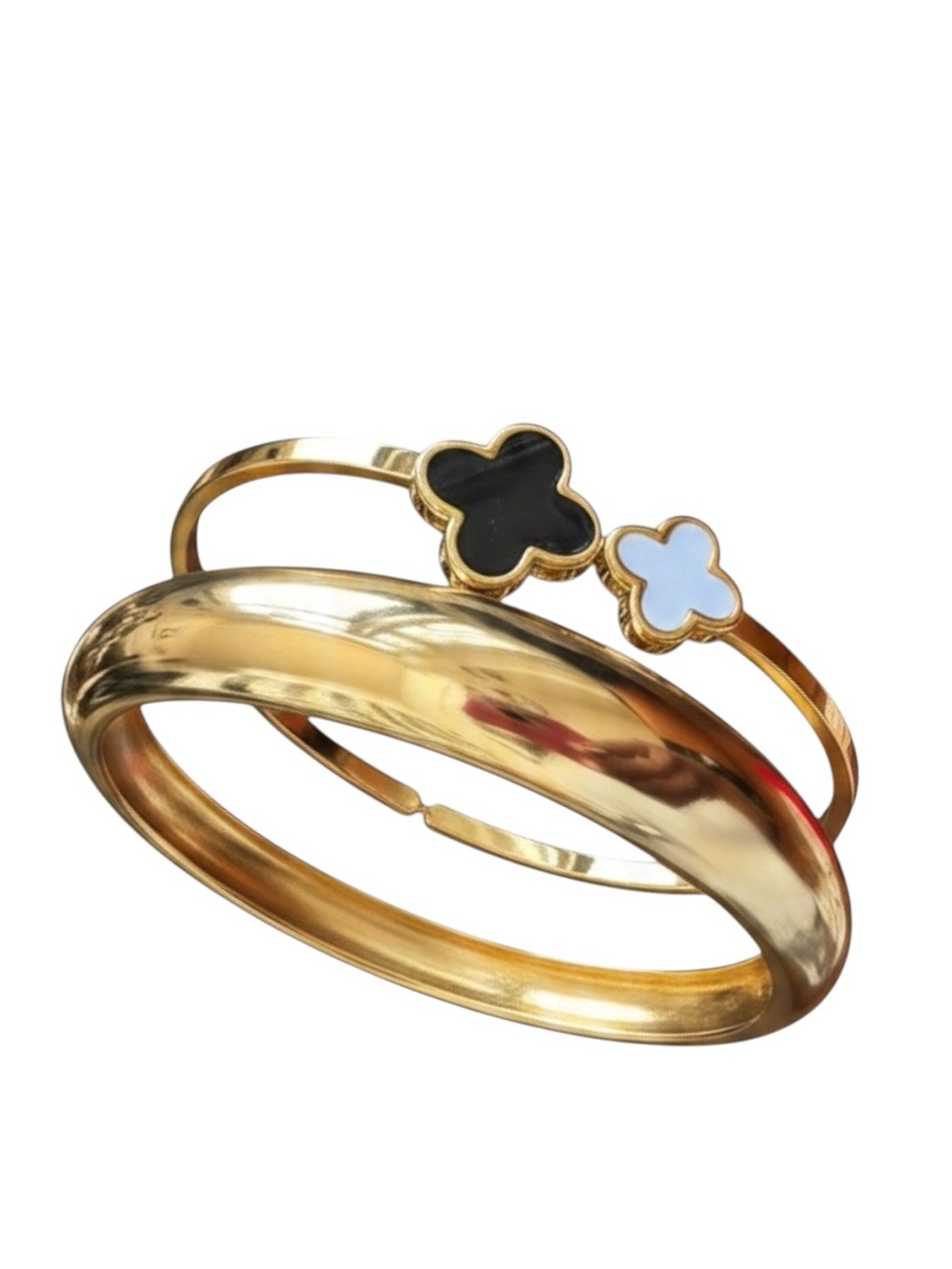 NEW Gold Stainless Steel Clover Bracelet Set | Black & White Bangle Stack
